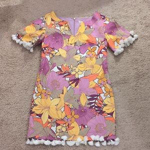 Trina Turk Yellow and Pink Puff Sleeve Sheath Dress